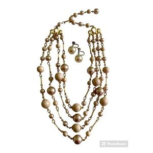 Vintage 1950-60s Faux Pearl champagne 4 Strand Necklace earrings Japan 12